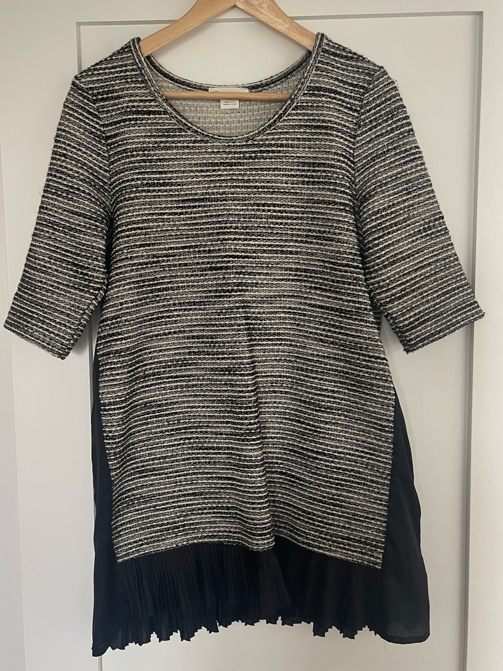 Anthropologie Black, White and Silver Striped Knit Tunic with Pleated Black Hem